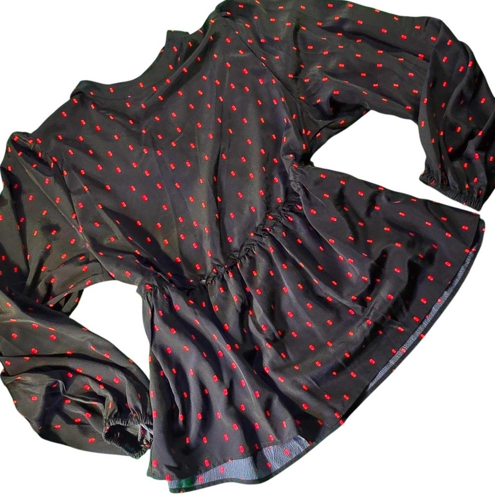 Sanctuary Womens Black Red Dot Print Long Sleeve Peplum Blouse Top XXL Recyc Pol - Picture 2 of 6